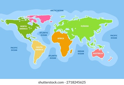 Caricatura del océano del continente del mapa mundial. América África fondo de viaje diseño de país.