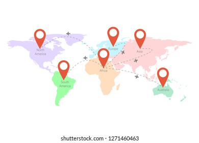 World map with continent seperated color and airplane icon with tracking target to destination with location symbol isolated on white background

