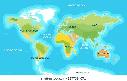 World map. Continents of Africa, Asia, Australia, Earth, Europe, South and North America. Earth planet. Pacific, Atlantic, Indian, Arctic ocean. Concept of cartography, geography. Vector illustration