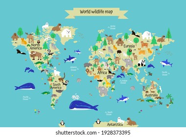 world map with continents, animals, plants. Education of children, preschoolers, schoolchildren, home schooling. Vector illustration
