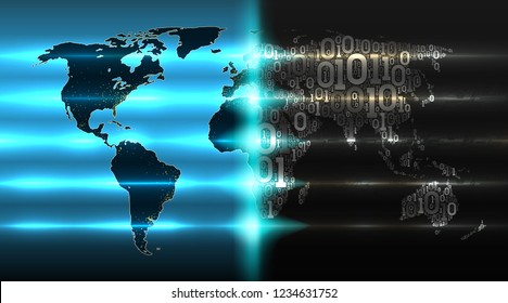 World map with continents from a binary code with a background of abstract circuit boards, electronics. Digital technologies transform the world. Concept of iot, ai, big data, vector illustration