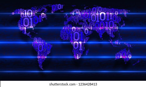 World map with continents from a binary code with a background of abstract electronics. Digital technologies transform the world. Concept of cloud service, iot, ai, big data, vector illustration