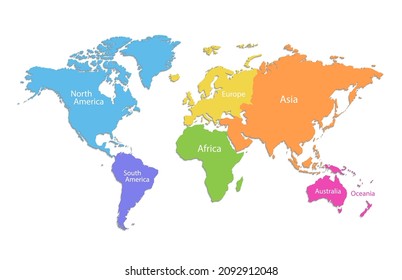 World map and continents, color map isolated on white background vector