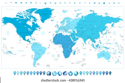 World map continents in colors of blue and glossy globes with map pointers