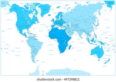 World Map and continents in colors of blue isolated on white. Highly detailed vector illustration of World Map.