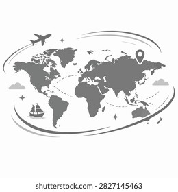 World map with continents connected by lines and symbols representing travel communication and technology