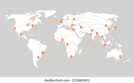 World map with continents, connection lines and location pointers. illustration. Vector EPS10.