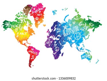 
World map. Continents and countries. Flat map of the earth. Peace, love, music and art. Pacifism. Multicolored drawing markers. Bright colours.