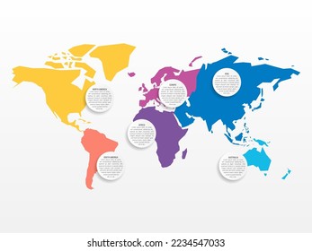 Weltkarte und Kontinente Infografiken. Rundschreiben und Weltkarte mit unterschiedlichen Farben auf jedem Kontinent. Vektorgrafik