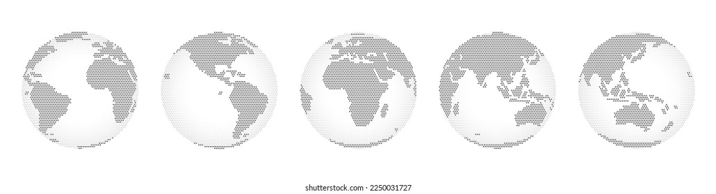 World map with continents, land and water mass monochrome. Isolated icons of Earth globes with digital dots and lines. Geography vector 3d realistic style