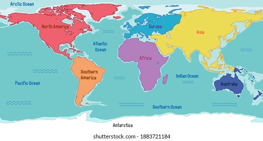 大陸名と海のイラストを持つ世界地図 のベクター画像素材 ロイヤリティフリー