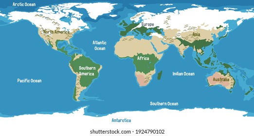 World map with continents names and oceans illustration
