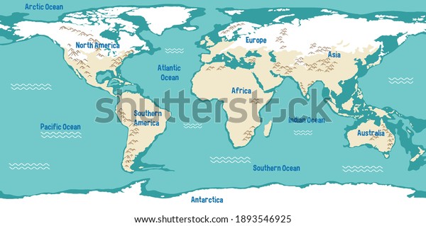 大陸名と海のイラストを持つ世界地図 のベクター画像素材 ロイヤリティフリー