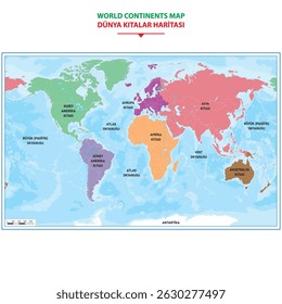 World map continents and oceans vector illustration inscription