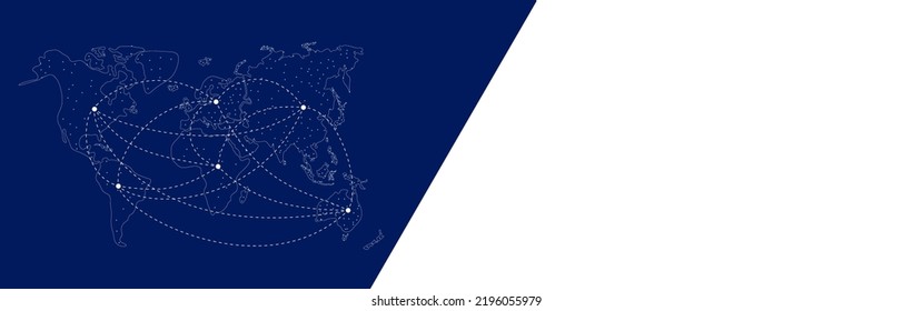 World Map With Continents On Blue. White Outline Of Continents. Continental Nodes Connected By Dotted Lines. North And South America, Europe, Africa, Asia, Australia. Global Communication. Copyspace