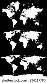 World Map of Continents With white Color on Black background with three different projections