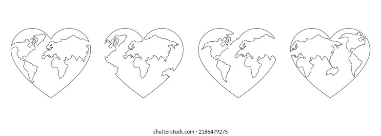 World map continuous line drawing of the heart shape set. Love Earth globe one line art collection. Vector illustration isolated on white.