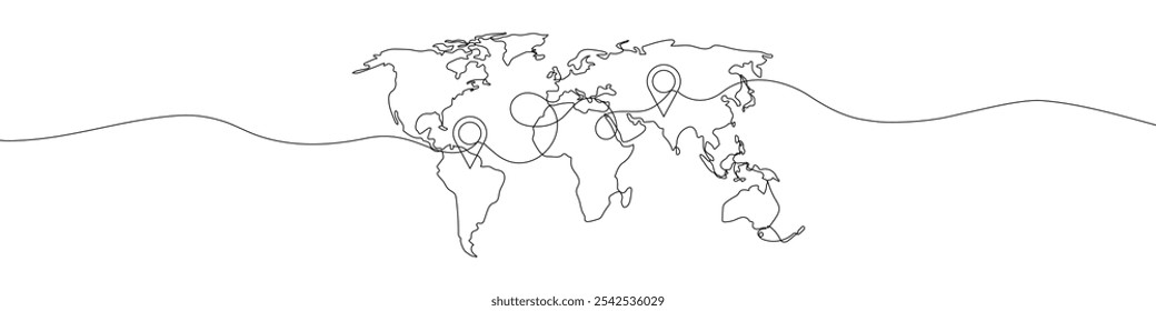 Ilustração vetorial de desenho de linha contínua do mapa mundial. Conceito de relações internacionais globais, comércio, transporte ou design de viagem 
