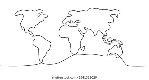 World Map. Continuous One Line Drawing Illustrating Geography Concept in Minimalist Hand-Drawn Design.