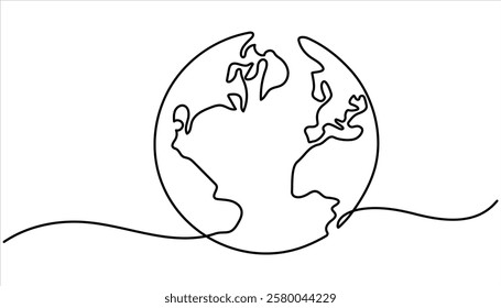 world map Continuous one line drawing. Earth globe one line drawing. World map and travel concept in simple linear style.