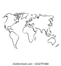 World map from the contour black brush lines different thickness on white background. Vector illustration.