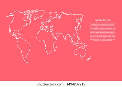 World map from the contour pink coral color brush lines different thickness and glowing stars on dark background. Vector illustration.