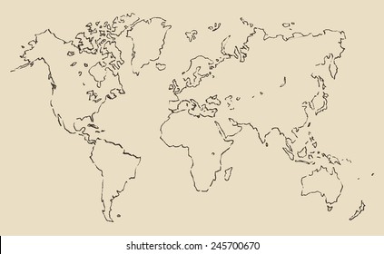World map contour vector illustration, hand drawn, sketch