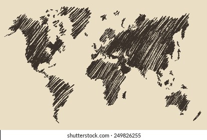 World Map Contour Vector Illustration, Hand Drawn, Sketch