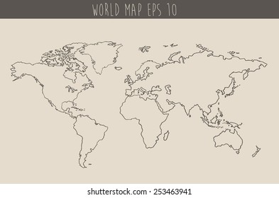 World map contour vector illustration, hand drawn, sketch