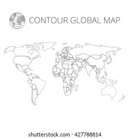 World Map Contour Vector Illustration. High-quality Image In The Style Of Broken Lines, Detail And Continents Of The World. Global Map For Your Design Or Application.