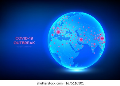 World Map Of Coronavirus 2019-nCov Confirmed Cases. Planet Earth Globe With Icon Of Coronavirus COVID-19 Infected Countries. COVID 19 Outbreak And World Pandemic Risk Concept. Vector Illustration.
