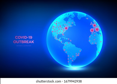 Weltkarte von Coronavirus 2019-Cov bestätigte Fälle. Planet Erde Globus mit Ikone von Coronavirus COVID-19 infizierten Ländern. COVID 19-Konzept für den Ausbruch und das weltweite Pandemierisiko. Vektorillustration.