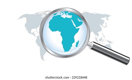 World map countries with Africa magnified by loupe