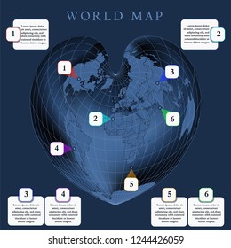World map with countries boundary, grid and label. Bonne projection. 3d. Vector. Infographic. Dark background.
