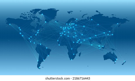 World map, countries cities are connected by lines. Technology background global communications, logistics, transport and trade. 
Vector illustration, editable objects on different layers.