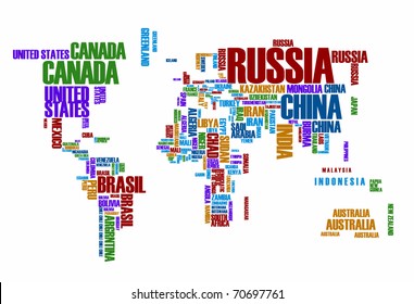 World map: countries in color wordcloud