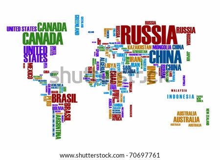 World map: countries in color wordcloud