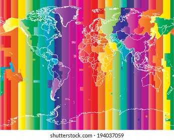 World map with countries and colored timezones  in editable vector format