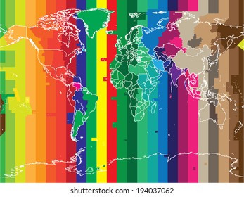 World map with countries and colored timezones  in editable vector format