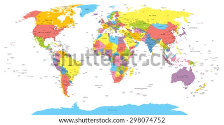 World map with countries, country and city names