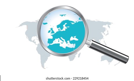 World map countries with Europe magnified by loupe