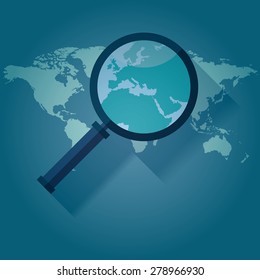 World map countries with Europe magnifying glass