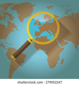 World map countries with Europe magnifying glass