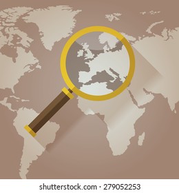 World map countries with Europe magnifying glass