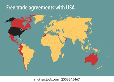 World Map of Countries with Free Trade Agreements (FTAs) with the United States - Vector Illustration