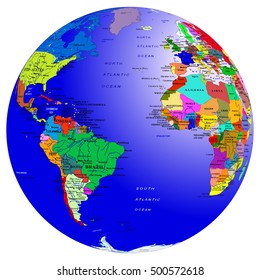 World map countries, globe. Planet Earth. Atlantic Ocean. Vector isolated on white illustration
