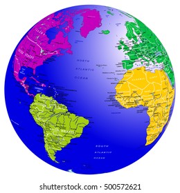 World map countries globe. Planet Earth with colored continents. Atlantic Ocean. Vector isolated on white background illustration