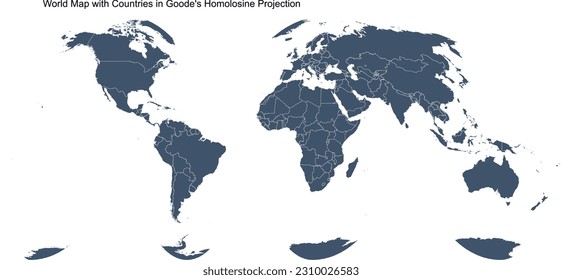 World Map with Countries in Goode's Homolosine Projection, equal-area pseudocylindrical projection for world maps