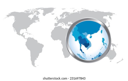 World map countries with Indo China magnified by loupe