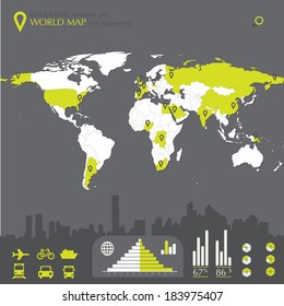 World map with countries and infographic elements in editable vector format